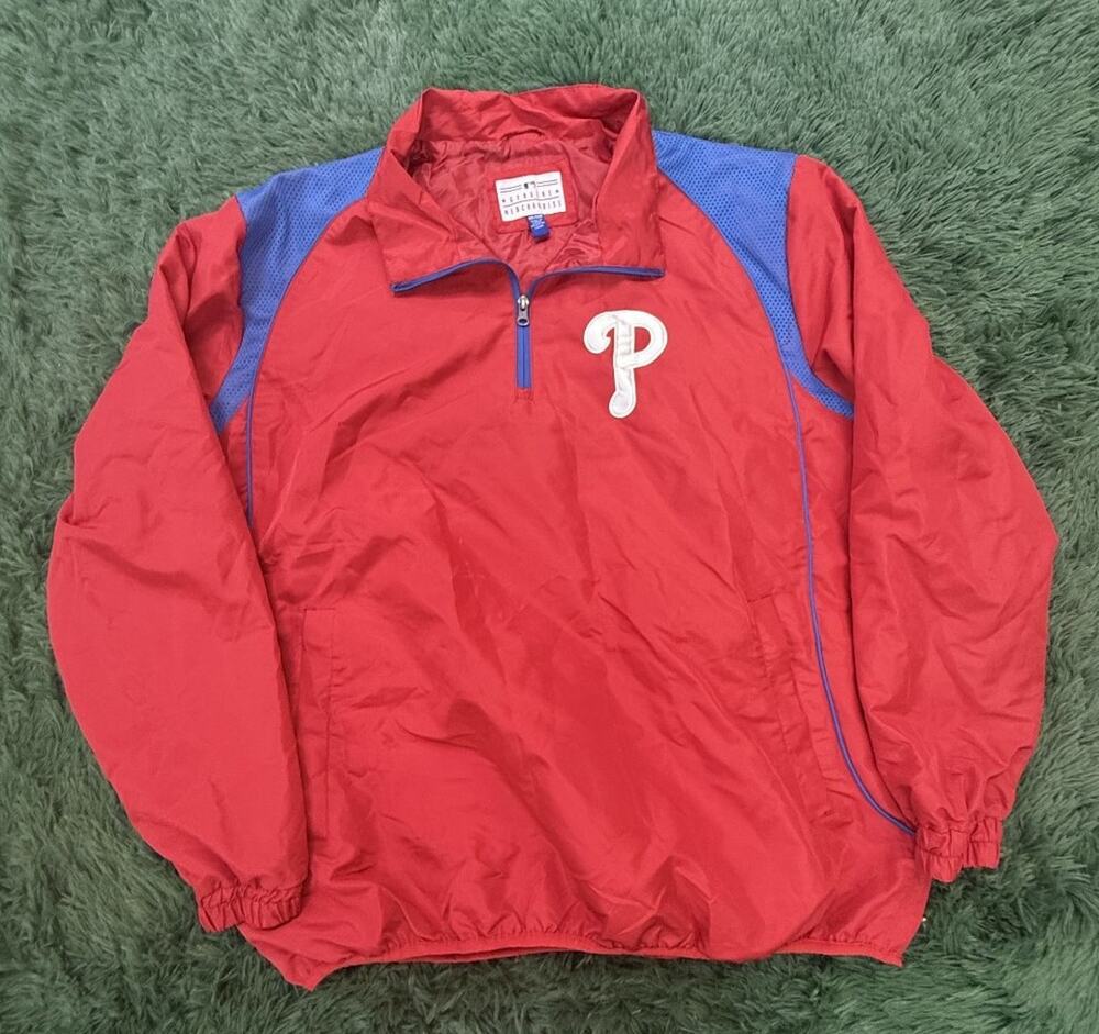 MLB Philadelphia Phillies Pullover Jacket Mens XXL Red Blue Mesh 1/4 Zip VTG